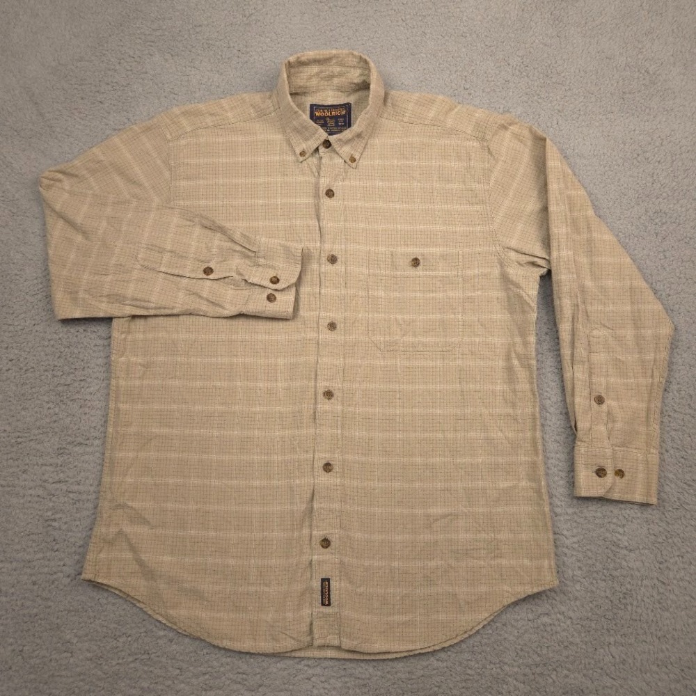 Woolrich John Rich & Bros Button Down Shirt Men's L Beige Plaid Cotton Casual